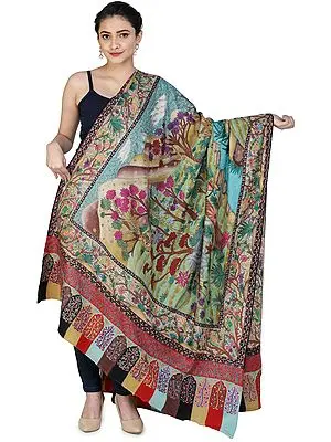 Superfine Pure Pashmina Shawl from Kashmir with Kalamkari Hand-Embroidery Depicting a Hunting Sene | Takes around 1 year to complete | Handwoven