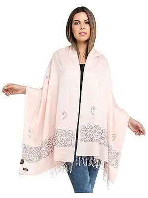 Pearl-Pink Cashmere Stole from Nepal with Bead-Work on Border