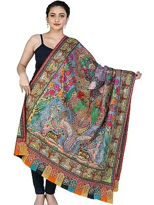 Superfine Pure Pashmina Shawl from Kashmir with Kalamkari Hand-Embroidery Depicting Mughal Hunting Scene | Takes around 1 year to complete | Handwoven