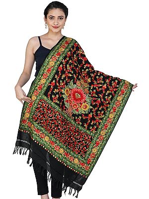 Kashmiri Stole with Hand-Embroidered Multicolor Flowers All-Over