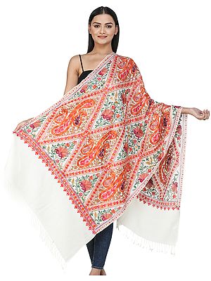 Stole from Kashmir with Aari Embroidered Paisleys and Flowers All-Over