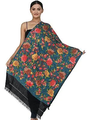 Black Traditional Woolen Stole from Kashmir with Aari Hand-Embroidered Flowers