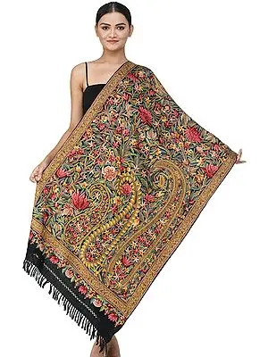 Phantom Black Traditional Woolen Stole from Kashmir with Aari Hand-Embroidered Paisleys and Flowers