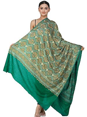 Ultramarine-Green Aari Embroidered Shawl from Amritsar with Gold Floral Vines