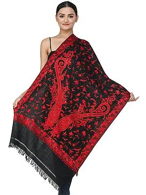Jet-Black Woolen Stole from Kashmir with Aari Hand-Embroidered Red Paisleys and Chinar Leaves