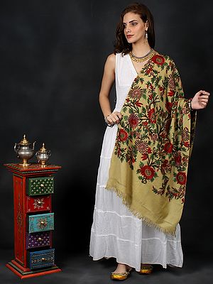 Woolen Stole from Kashmir with Aari Hand-Embroidered Floral Motifs