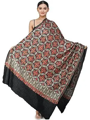 Meteorite-Black Aari Embroidered Shawl from Amritsar with Gold and Multicolor Floral Vines