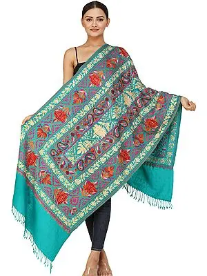 Tropical-Green Woolen Stole from Kashmir with Aari-Embroidered Lotus Flowers and Vines