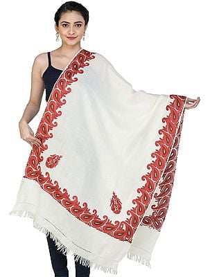 Woolen Shawl from Kashmir with Aari Hand-Embroidered Paisley on Border