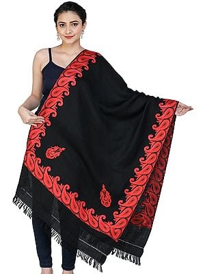 Woolen Shawl from Kashmir with Aari Hand-Embroidered Paisley on Border