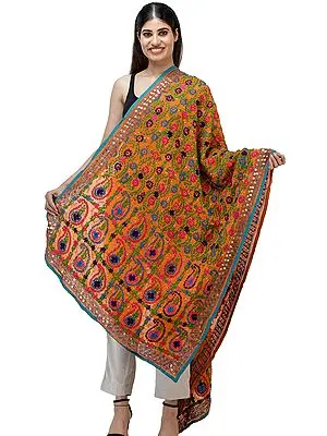 Peach-Caramel Phulkari Dupatta from Punjab with Floral Embroidery All-Over