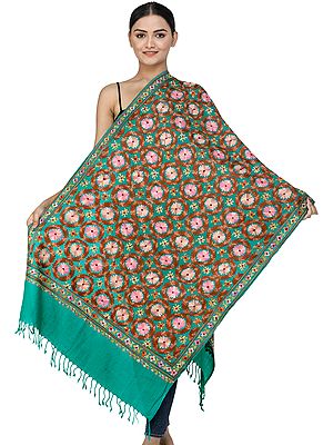 Proud-Peacock Woolen Stole from Kashmir with Aari-Embroidered Flowers
