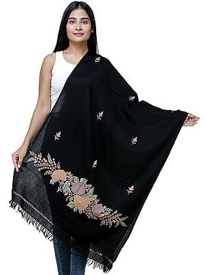 Phantom-Black Stole from Kashmir with Hand-Embroidered Floral Vine