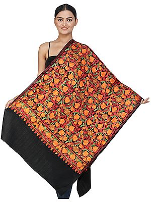 Black-Onyx Woolen Stole from Kashmir with Aari-Embroidered Flowers and Vines