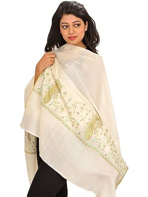 Afterglow Plain Pure Wool Shawl from Kashmir with Sozni Hand-Embroidery