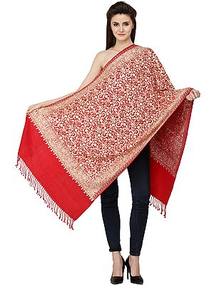 Scarlet-Sage Woolen Stole from Amritsar with All-over Aari Embroidery