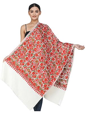 Solitary-Star Woolen Stole from Kashmir with Aari-Embroidered Flowers and Vines