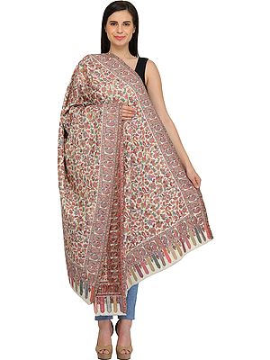 Egret-White Kani Shawl from Amritsar with Multi-Color Flowers and Paisleys