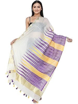 Zari Woven Chanderi Dupatta with Temple Motifs and Stripes on Border