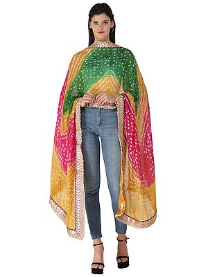 Multi-coloured Tie-Dye Bandhani Dupatta From Gujarat with Zari Patch Border and Beadwork