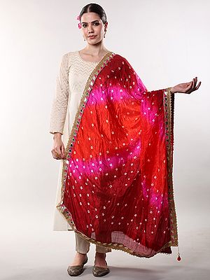 Multi-coloured Tie-Dye Bandhani Dupatta From Gujarat with Zari Patch Border and Beadwork