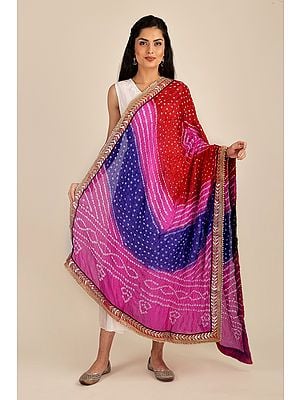 Multi-coloured Tie-Dye Bandhani Dupatta From Gujarat with Zari Patch Border and Beadwork