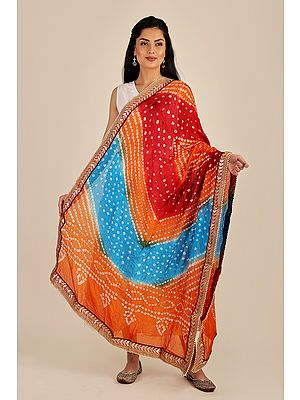 Multi-coloured Tie-Dye Bandhani Dupatta From Gujarat with Zari Patch Border and Beadwork