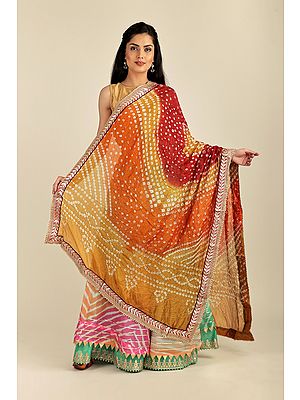 Multi-coloured Tie-Dye Bandhani Dupatta From Gujarat with Zari Patch Border and Beadwork