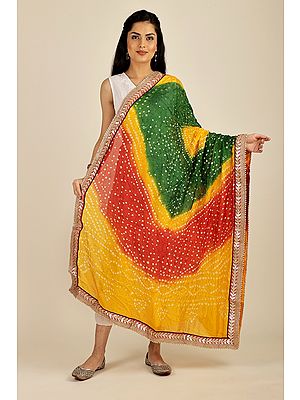 Multi-coloured Tie-Dye Bandhani Dupatta From Gujarat with Zari Patch Border and Beadwork