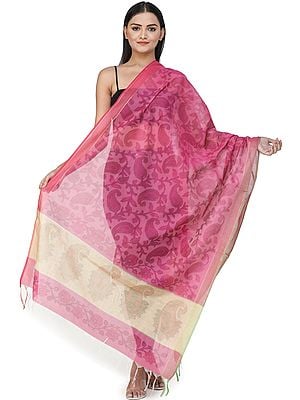 Fuchsia-Rose Silk Dupatta from Jharkhand with Striped Border and Woven Paisleys