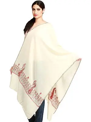 Papyrus Pure Wool Tusha Stole from Kashmir with Sozni Embroidered Paisleys  on Border