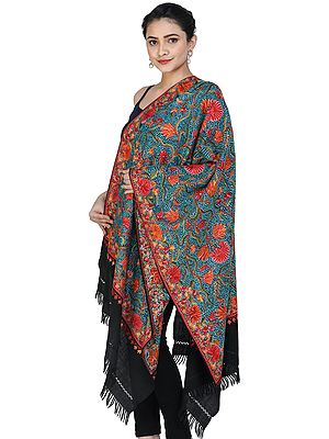 Black-Beauty Woolen Stole from Srinagar with Aari-Embroidery by Hand