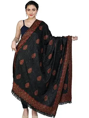 Jet Black Jamawar Stole from Amritsar with Aari Embroidered Flowers in Self-Colored Thread