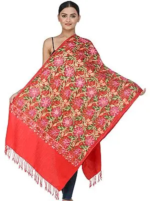 Flame Scarlet Woolen Stole from Kashmir with Aari-Embroidered Flowers and Vines