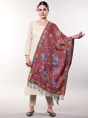 Jamawar Stole from Amritsar with Woolen Thread Multi-Color Embroidered Flowers and Paisleys