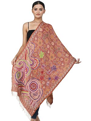 Jamawar Stole from Amritsar with Woolen Thread Multi-Color Embroidered Flowers and Paisleys