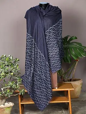 Peat-Black Pashmina Shawl from Nepal with Waves Print on Border