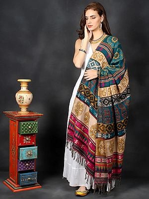 Handloom Pure Wool Shawl from Ladakh with Multicolor Aztec-Paisley-Floral Motif