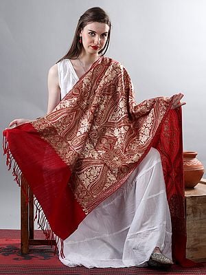 Poppy-Red Embellished Multicolor Aari Embroidered Bold Paisley Motif Pure Woolen Shawl From Kashmir