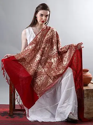 Poppy-Red Pure Woolen Shawl Embellished with Bold Paisley Motif Aari Embroidery