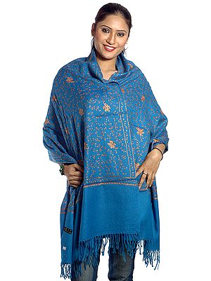 Azure Kashmiri Stole with Sozni Embroidery All-Over