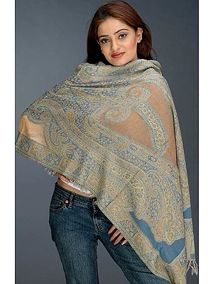 Beige and Blue Jamawar Stole with Crystals