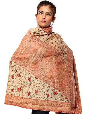 Beige Jamawar Shawl with Needle Embroidery by Hand