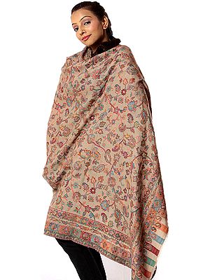 Beige Kani Pure Pashmina Shawl with Multi-Color Thread Weave