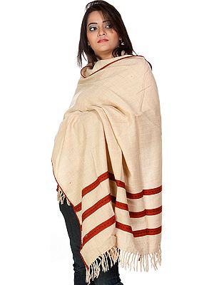 Beige Kullu Shawl with Kinnauri Weave on Border