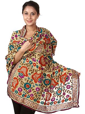 Beige Phulkari Dupatta from Punjab with Aari-Embroidery by Hand