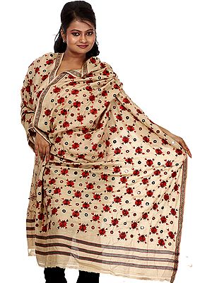Beige Phulkari Shawl from Punjab with Mirrors and Hand Embroidered Flowers All-Over