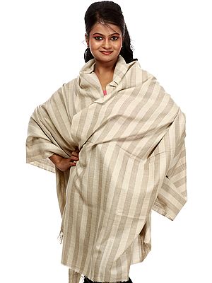 Beige Pure Pashmina Shawl with Wide Woven Stripes