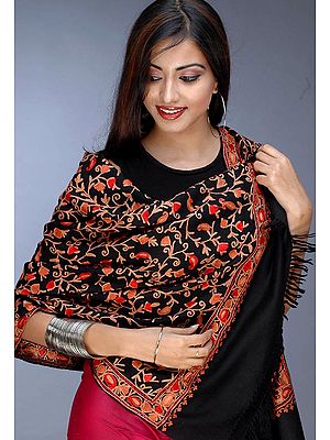 Black Floral Stole with Aari-Embroidery