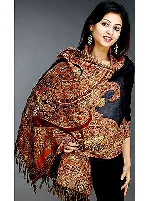 Black Jamawar Stole with Sequins and Threadwork